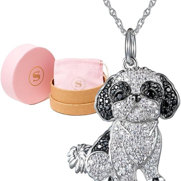 Dog Breed Sterling Silver Necklace with Cubic Zirconia Puppy Charm Elegant Backp - Picture 1 of 7